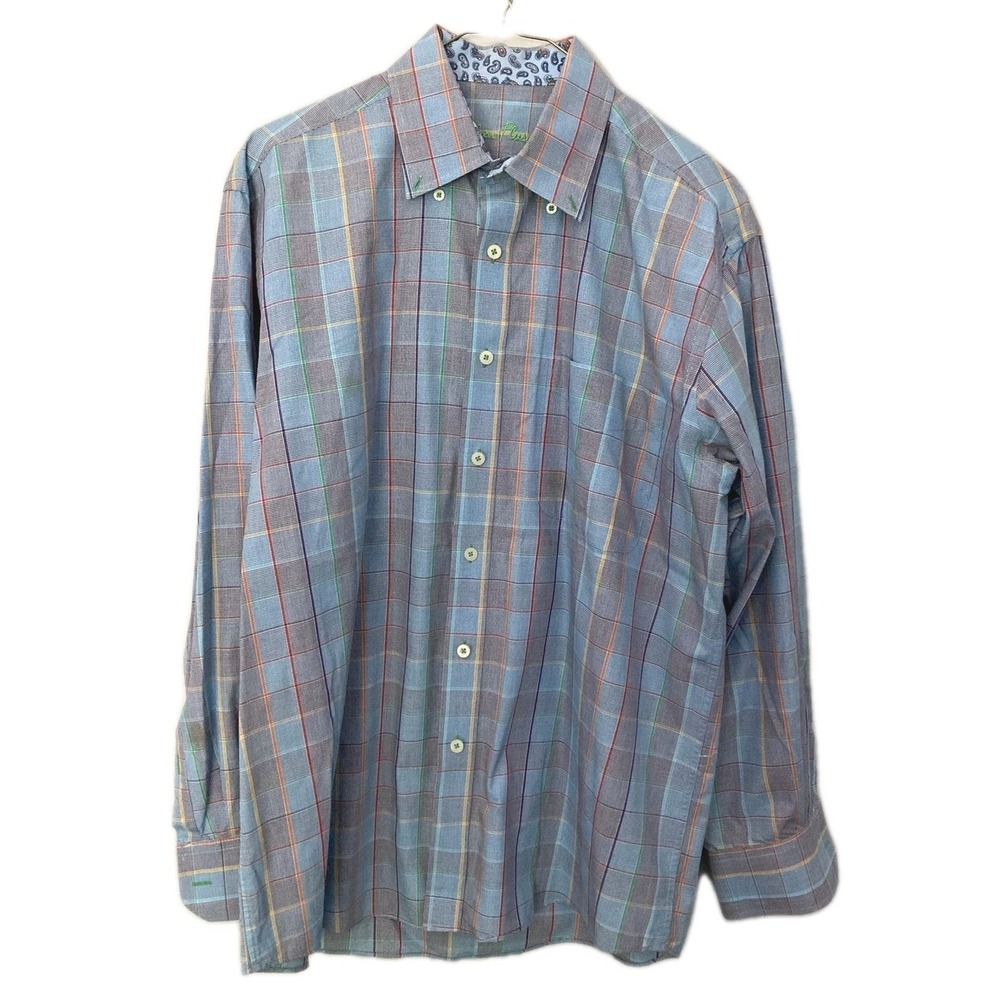 Alan Flusser Shirt Men M Plaid Button Down Long Sleeve Cotton Paisley Flip Cuff